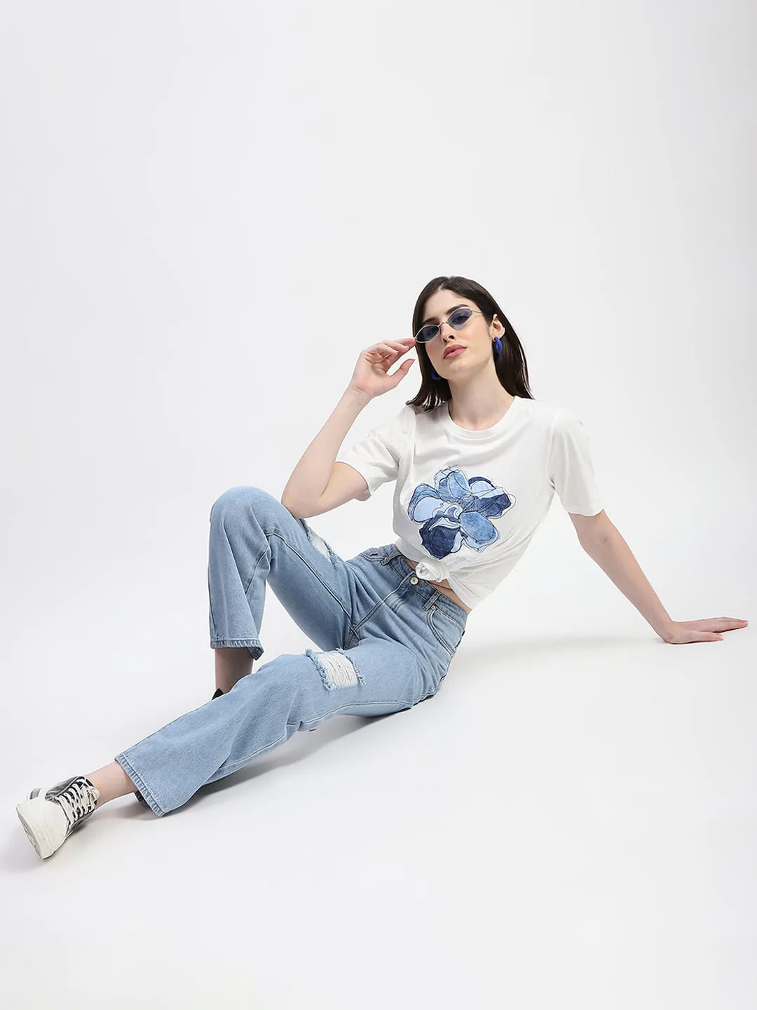 Madame Ice Blue Ripped Flared Denim Functional Style