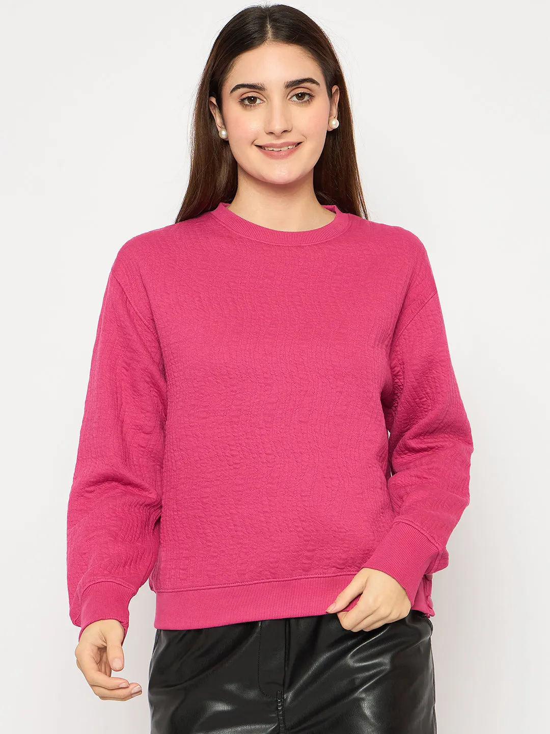 Madame Knitted Self-Textured Hot Pink Sweatshirt glove accents City Staple