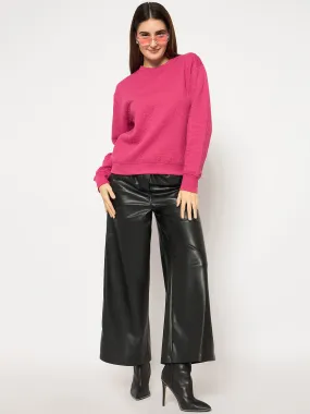 soft fit Daily Sporty Madame Knitted Self-Textured Hot Pink Sweatshirt