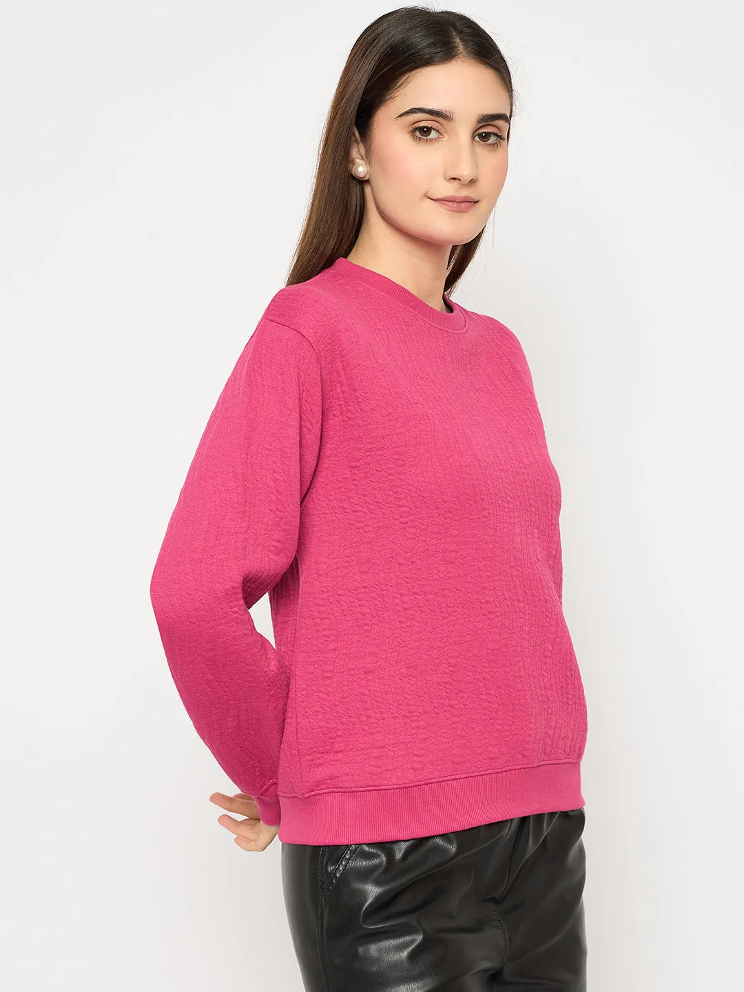 product budget friendly choice Effortless Fashion Madame Knitted Self-Textured Hot Pink Sweatshirt