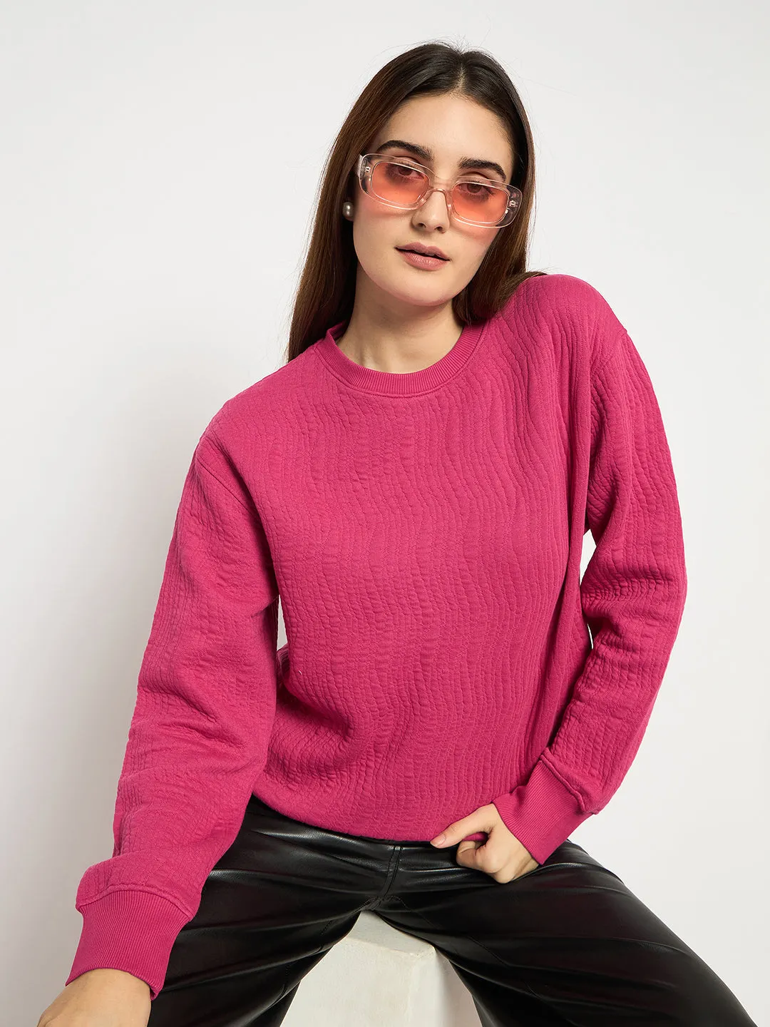 Easy Look Madame Knitted Self-Textured Hot Pink Sweatshirt
