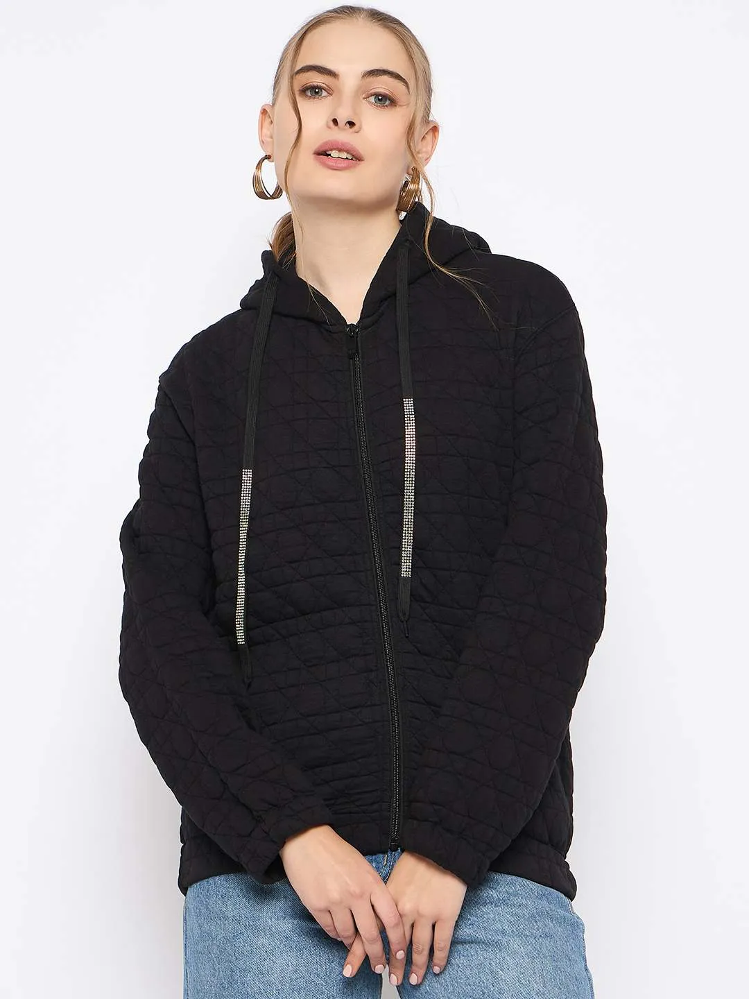 Urban Look Madame Knitted Self-Textured Zipped Black Hooded Sweatshirt