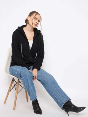 Madame Knitted Self-Textured Zipped Black Hooded Sweatshirt Warm Layers