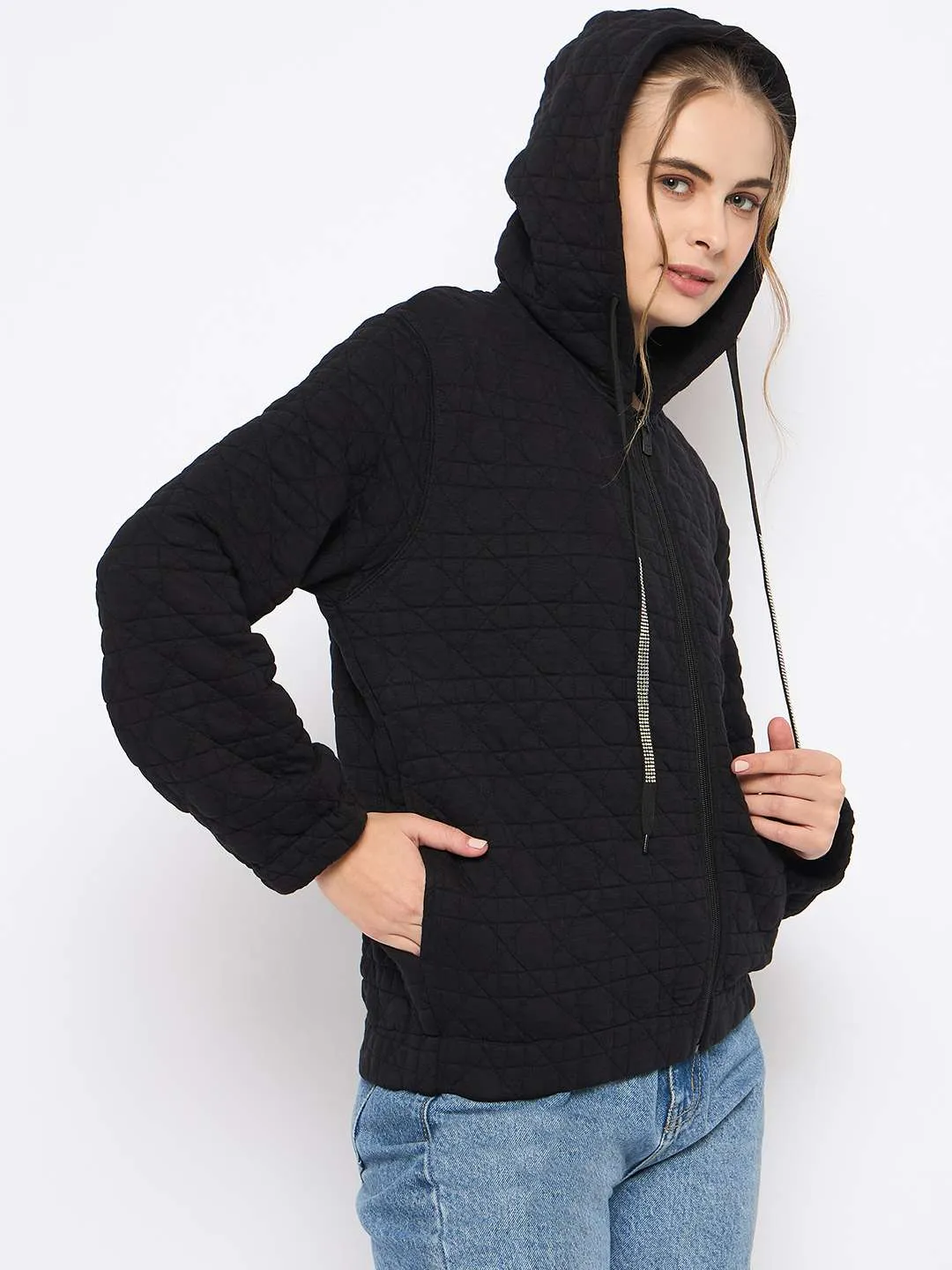 Long Sleeve Fashion Flex Madame Knitted Self-Textured Zipped Black Hooded Sweatshirt