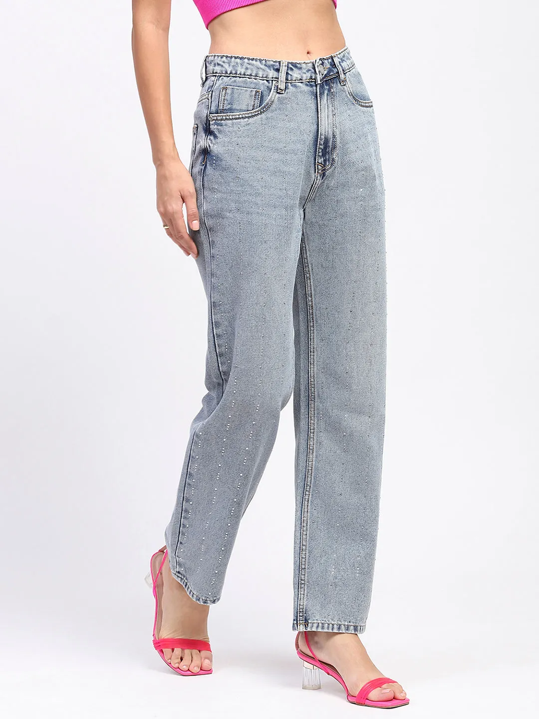 Madame Light Wash Embellished Light Blue Cotton Denim Flexible Match