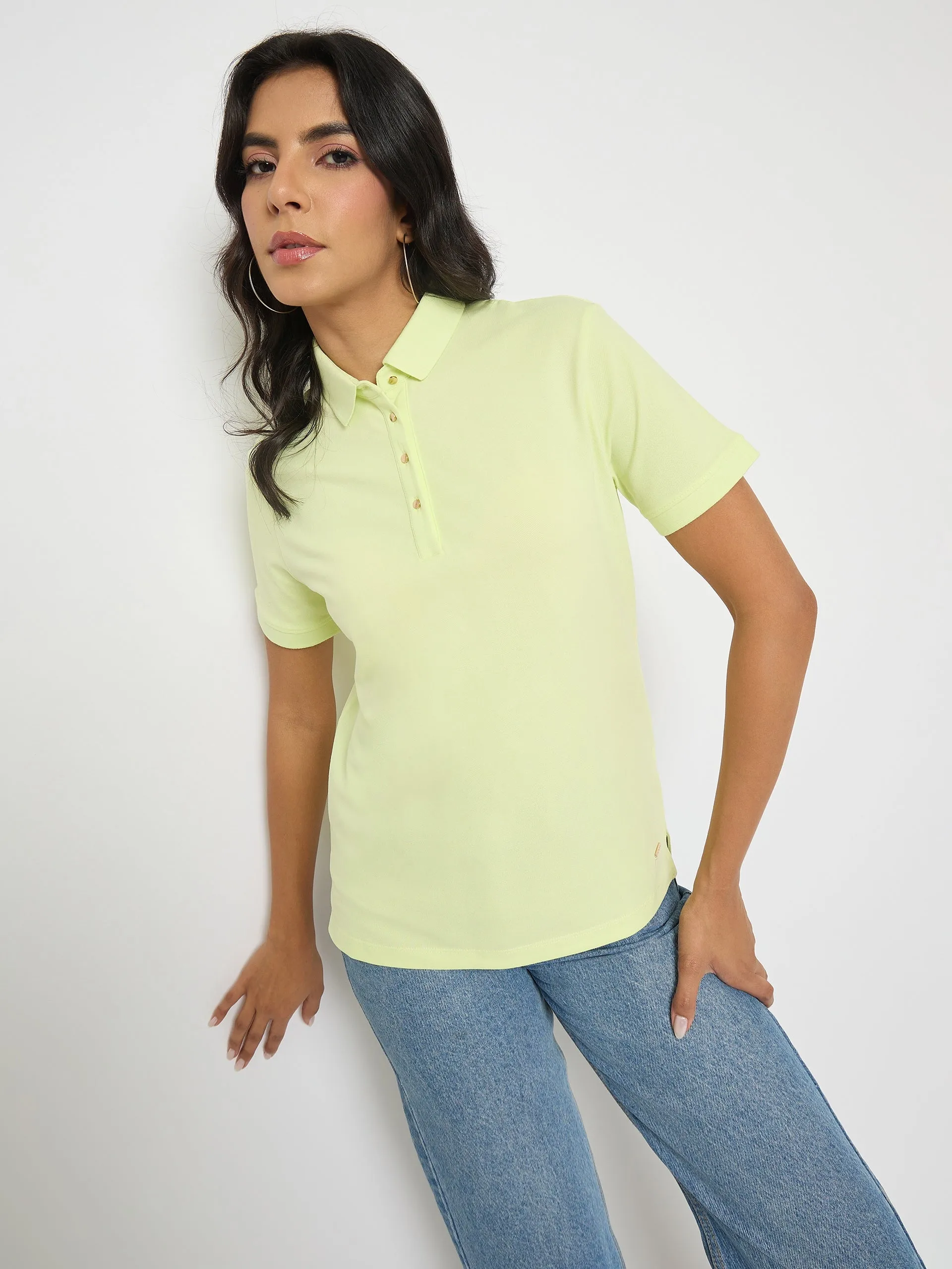 Layered Wear Quick-Drying Shirt Madame Lime Yellow Cotton Blend Polo T-Shirt