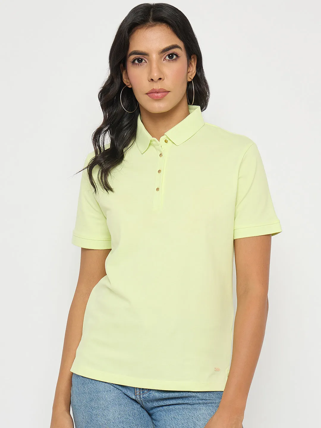 Soft and Relaxed Elegant Madame Lime Yellow Cotton Blend Polo T-Shirt