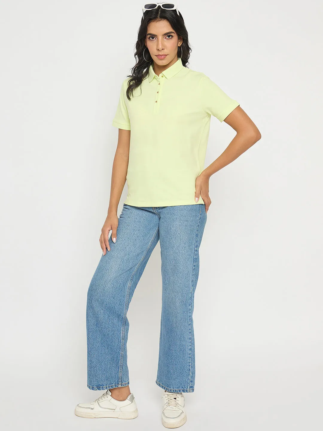 Madame Lime Yellow Cotton Blend Polo T-Shirt Heather Texture Finish Versatile Design