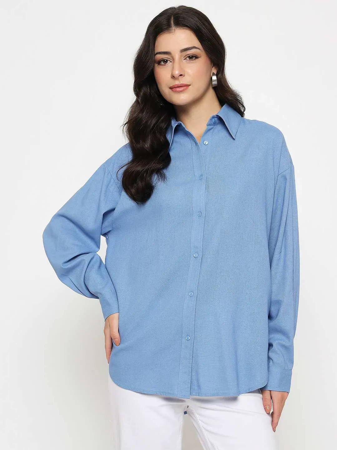 Lightweight Comfort Holiday Gift Madame Linen Blend Solid Cobalt Blue Shirt