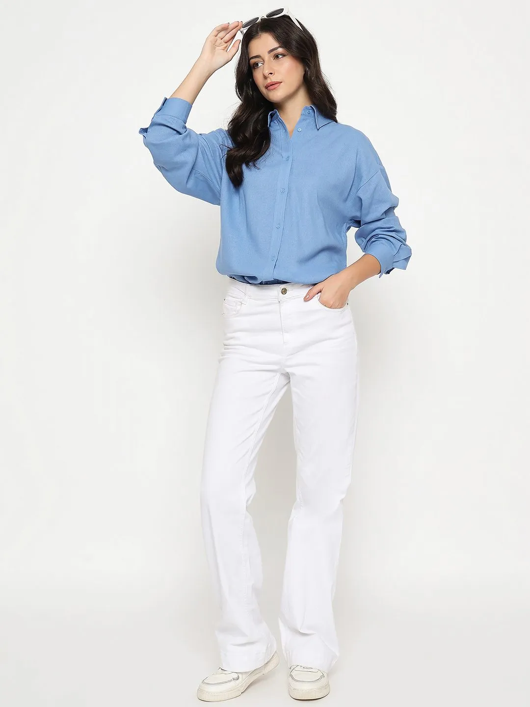 Contemporary Look Cool Comfort Madame Linen Blend Solid Cobalt Blue Shirt