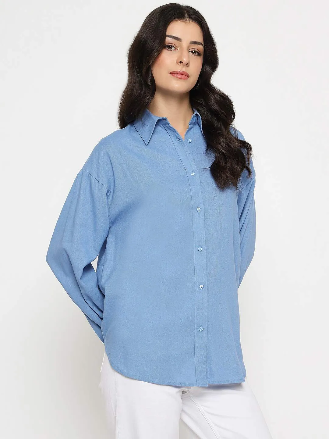 Trendy Vibes Madame Linen Blend Solid Cobalt Blue Shirt