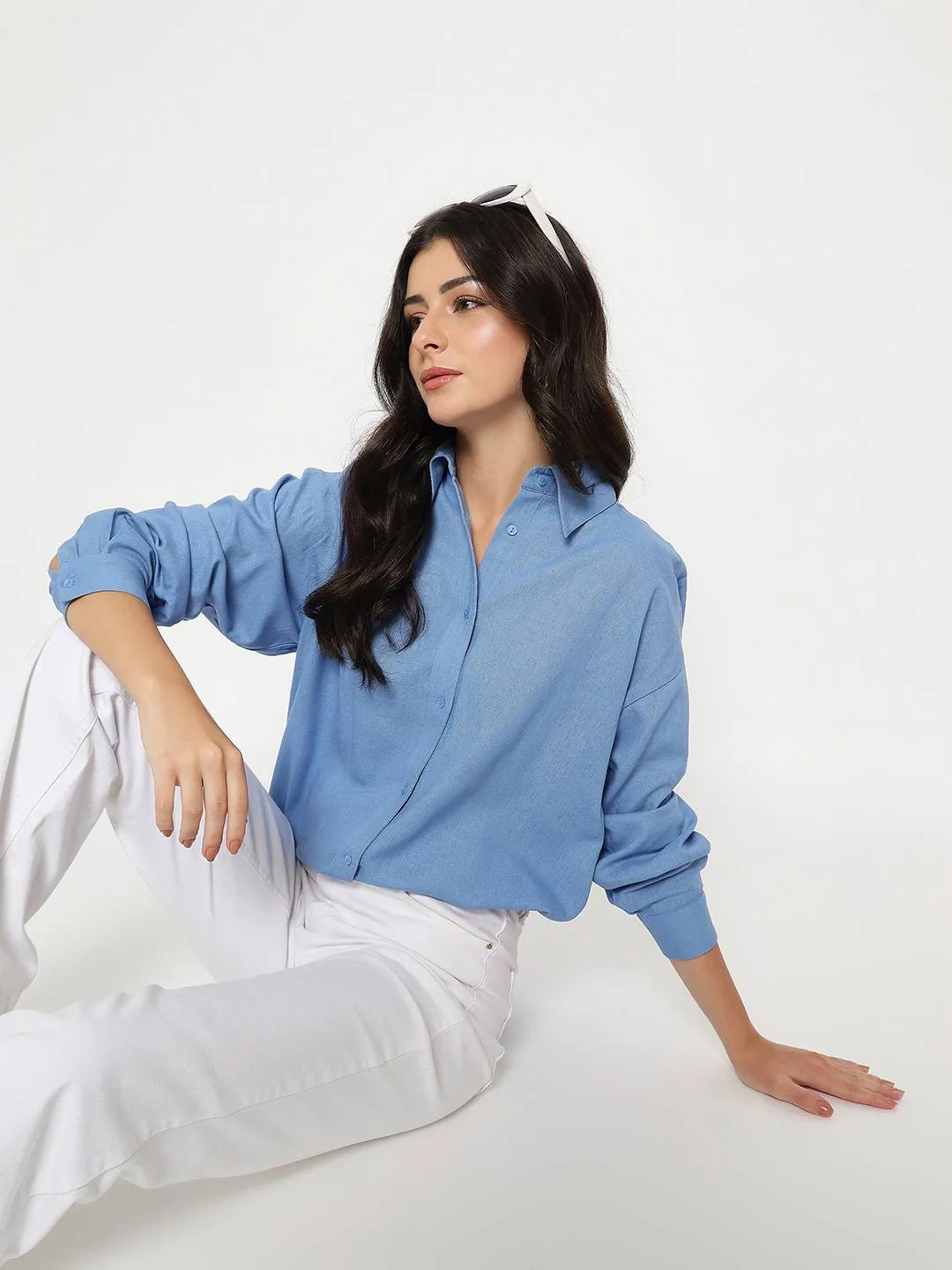 Fade Resistant Formula Unisex Design Madame Linen Blend Solid Cobalt Blue Shirt