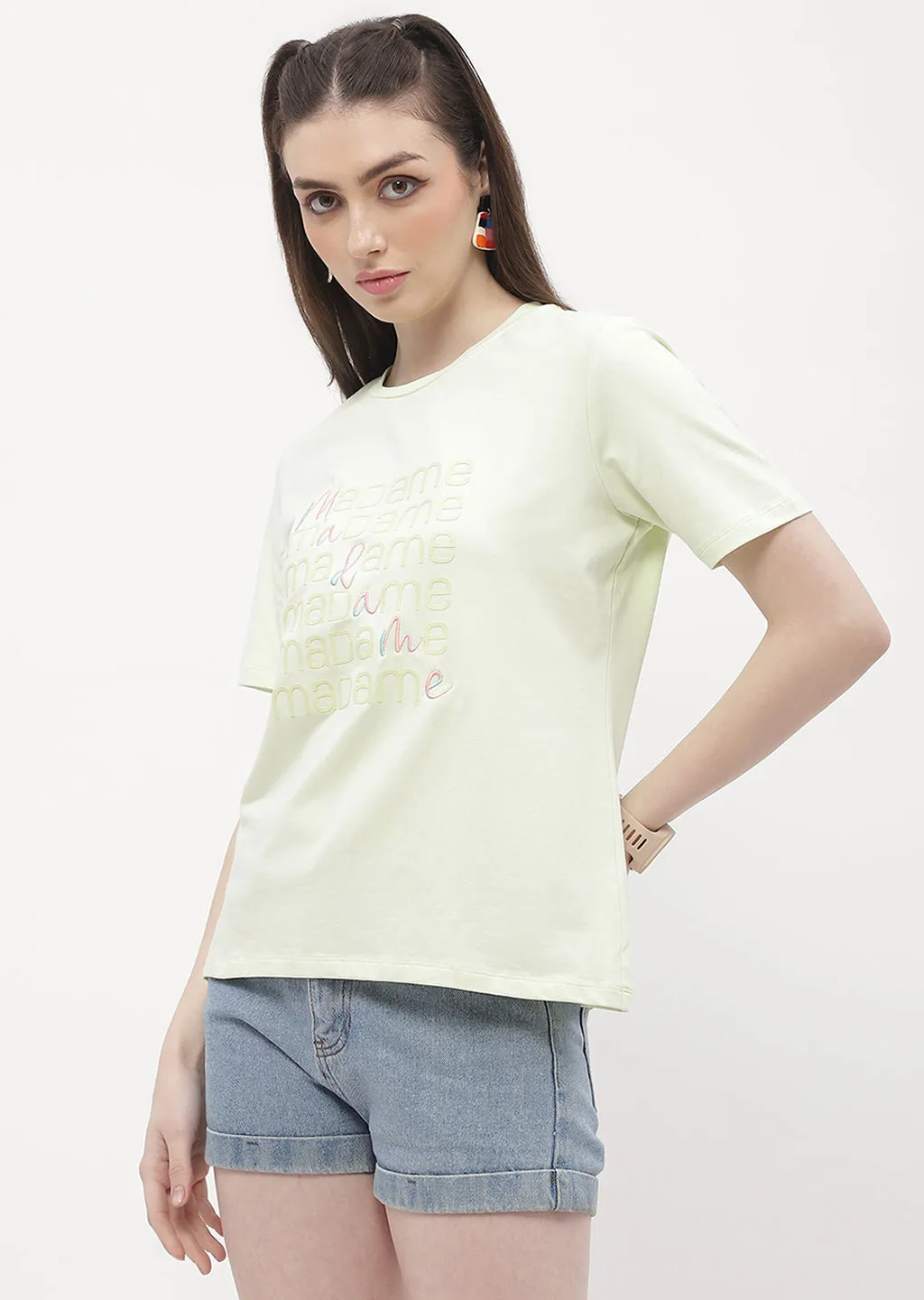 Madame Logo Print Neon Green Regular T-Shirt Retro
