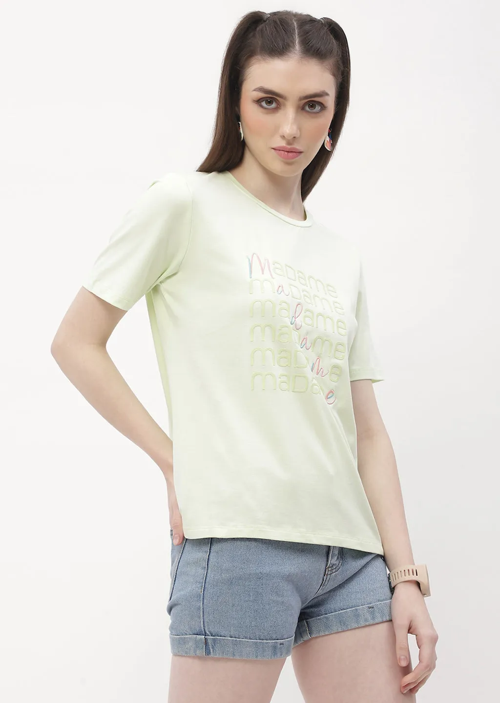 casual and comfortable Ultimate Fit Madame Logo Print Neon Green Regular T-Shirt