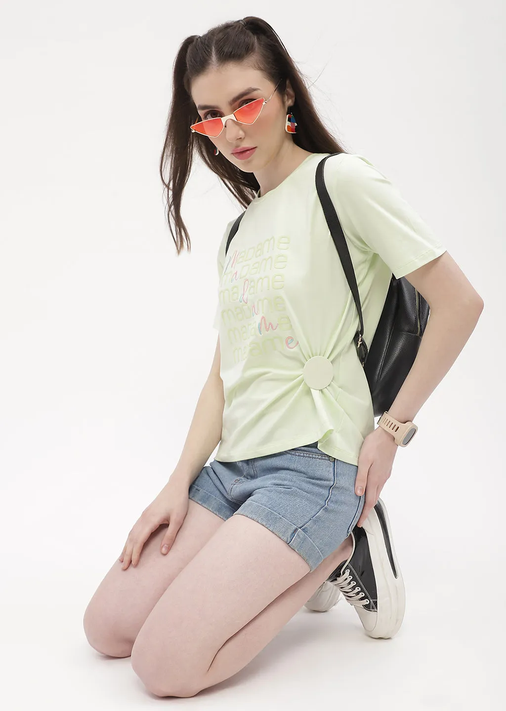 Cozy Comfort Fit Relaxed and Easy Madame Logo Print Neon Green Regular T-Shirt