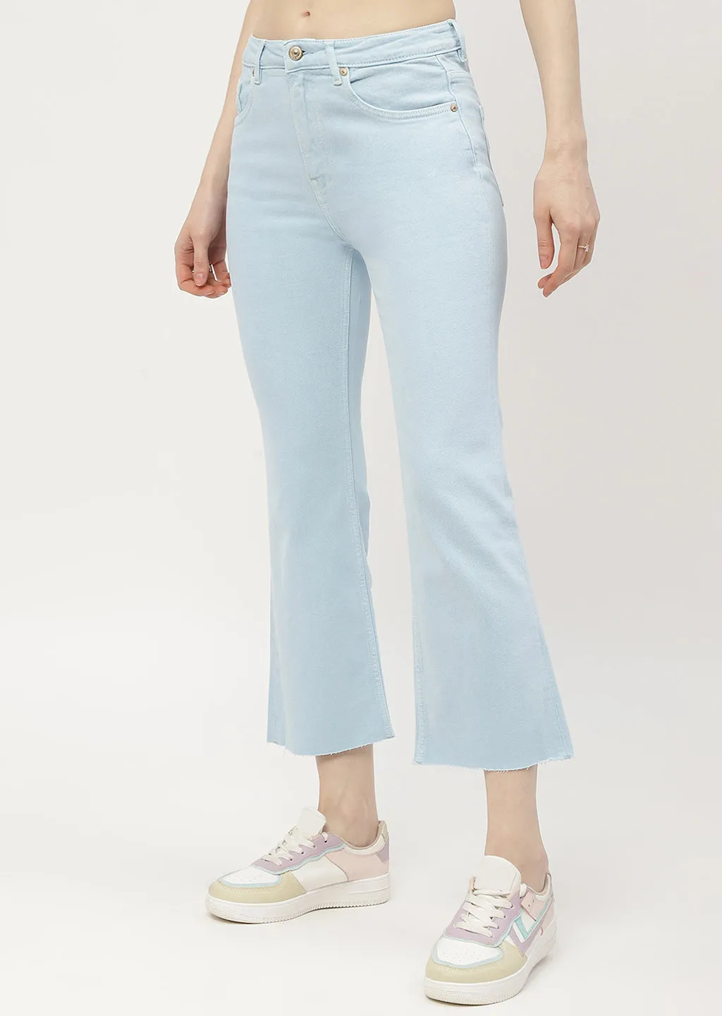 Quick Drying Fabric Textured Family Style Autumn Days Madame Low Waist Sky Blue Bell Bottom Jeans