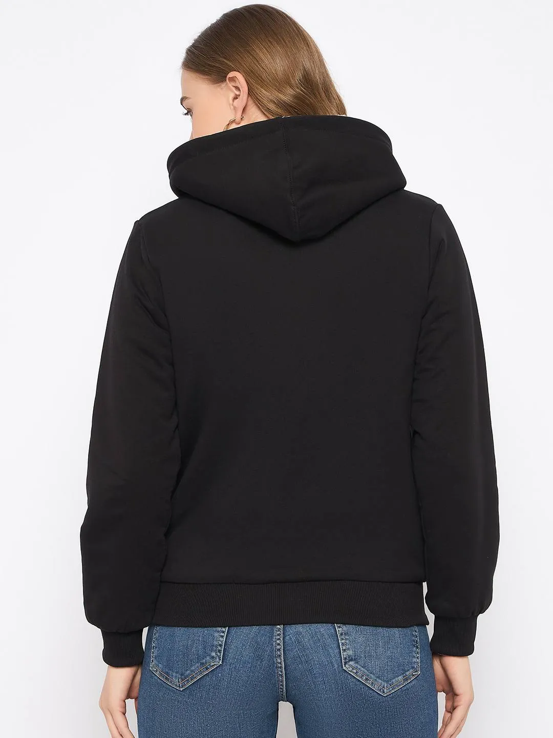 product rhinestone glamour Concert wear Madame Metal Detailed Zipper Black Hooded Sweatshirt