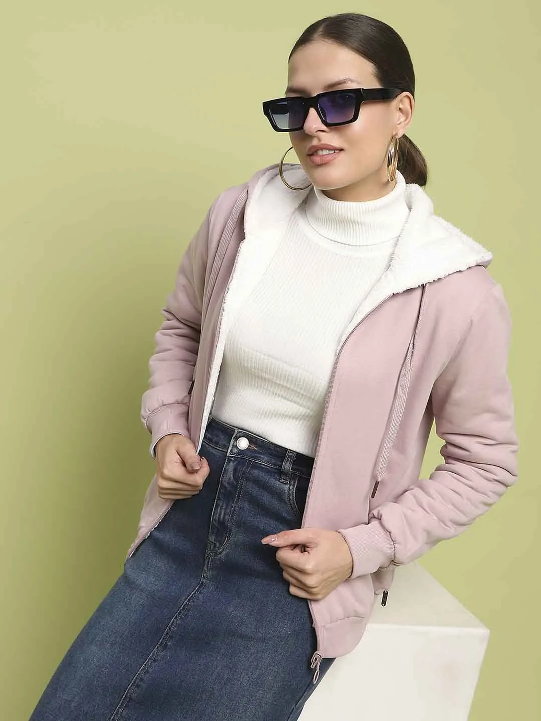 Trendy Fashion Madame Metal Detailed Zipper Lilac Hooded Sweatshirt