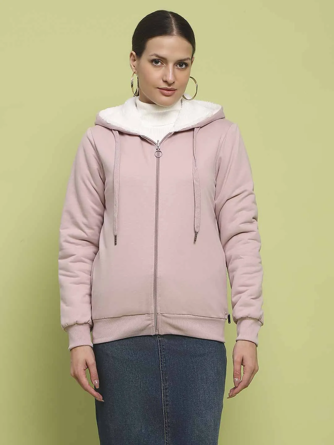 Printed Detail Breathable Material Madame Metal Detailed Zipper Lilac Hooded Sweatshirt