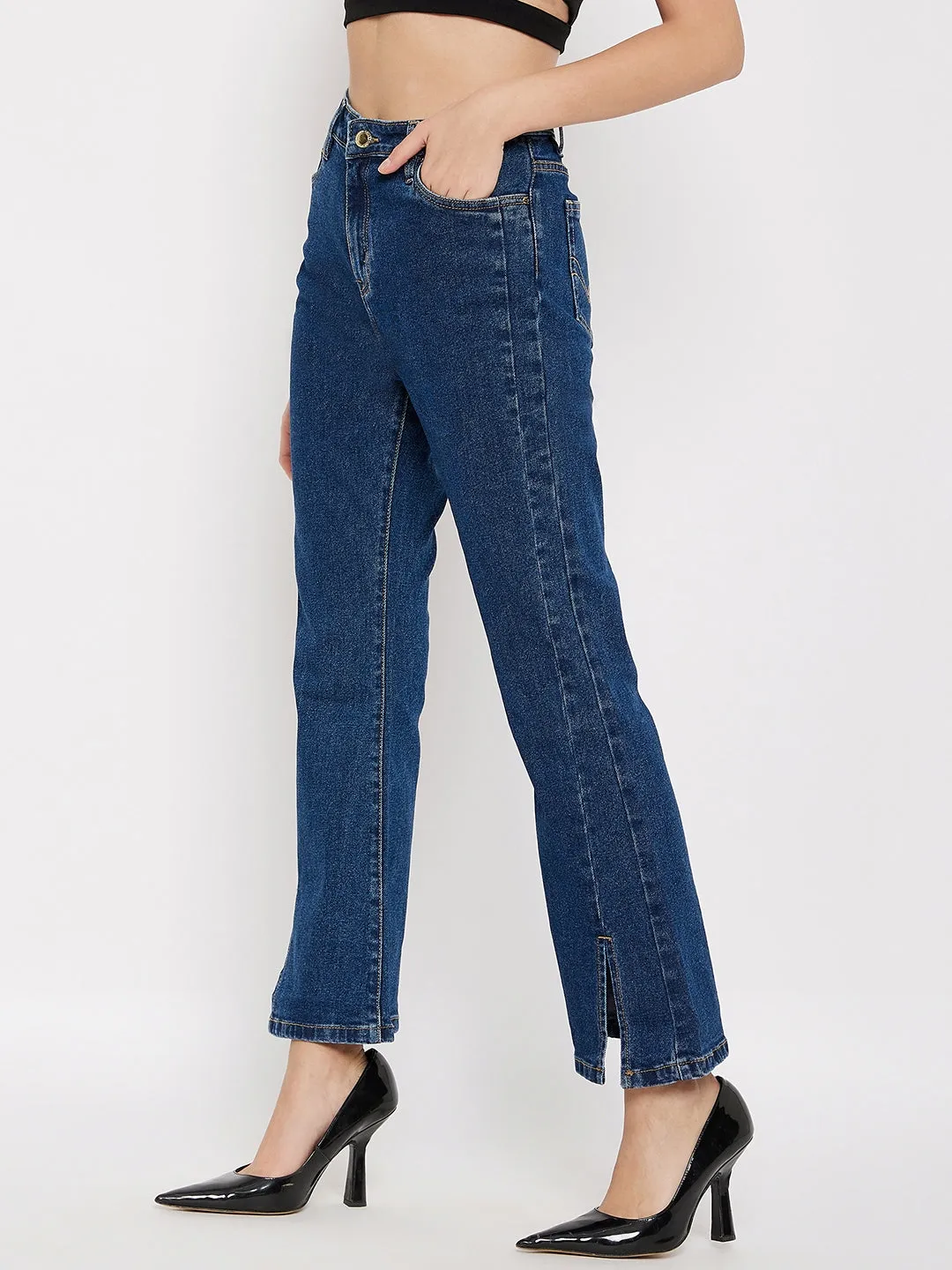 Madame Mid-Rise Front Slit Dark Wash Jeans Basic Attire
