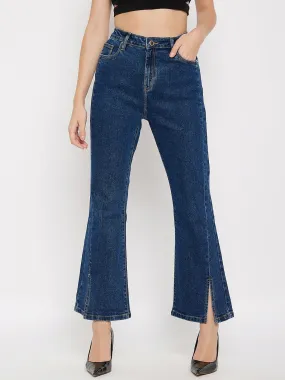Classic Style Multi Pocket Utility Madame Mid-Rise Front Slit Dark Wash Jeans