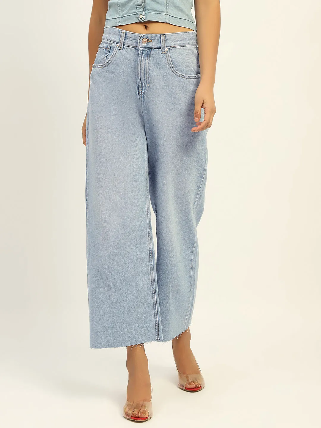Shape Retention Straight Cut Madame Mid Rise Solid Ice Blue Jeans