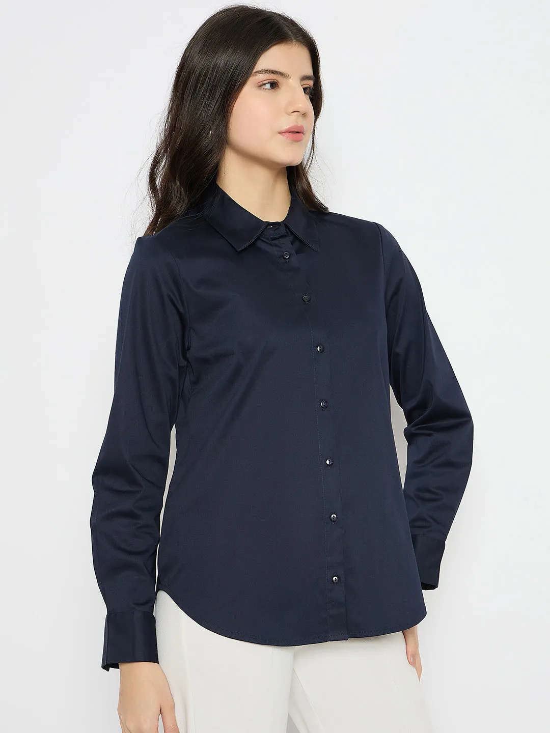 Trendy Layer Madame Navy Blue Cotton Blend Shirt