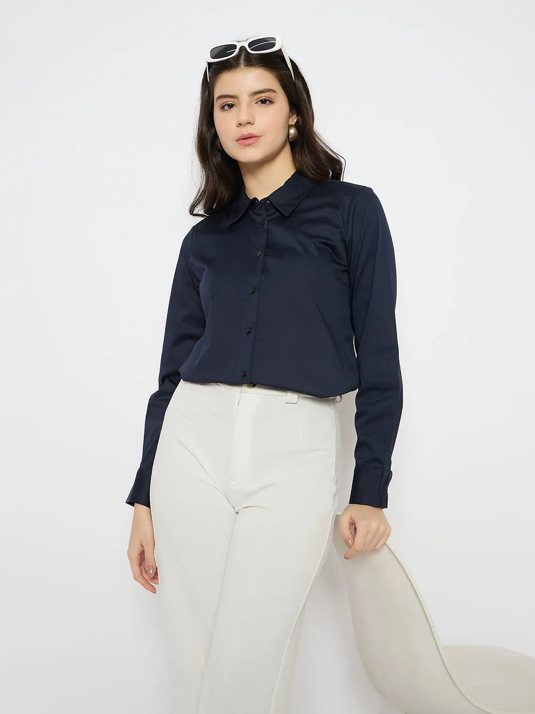 Madame Navy Blue Cotton Blend Shirt Chill Layer
