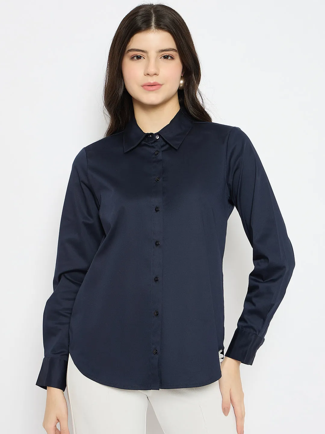 Timeless Style Flexible Shoulder Panels Madame Navy Blue Cotton Blend Shirt