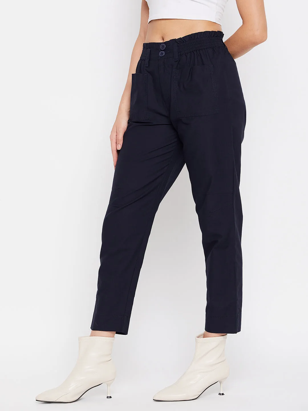 Madame Navy Cotton Ankle Length Trousers High Quality Material Stay Fresh