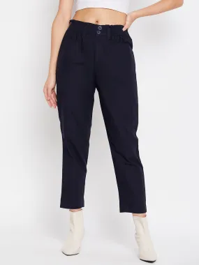 Madame Navy Cotton Ankle Length Trousers Soft Structure
