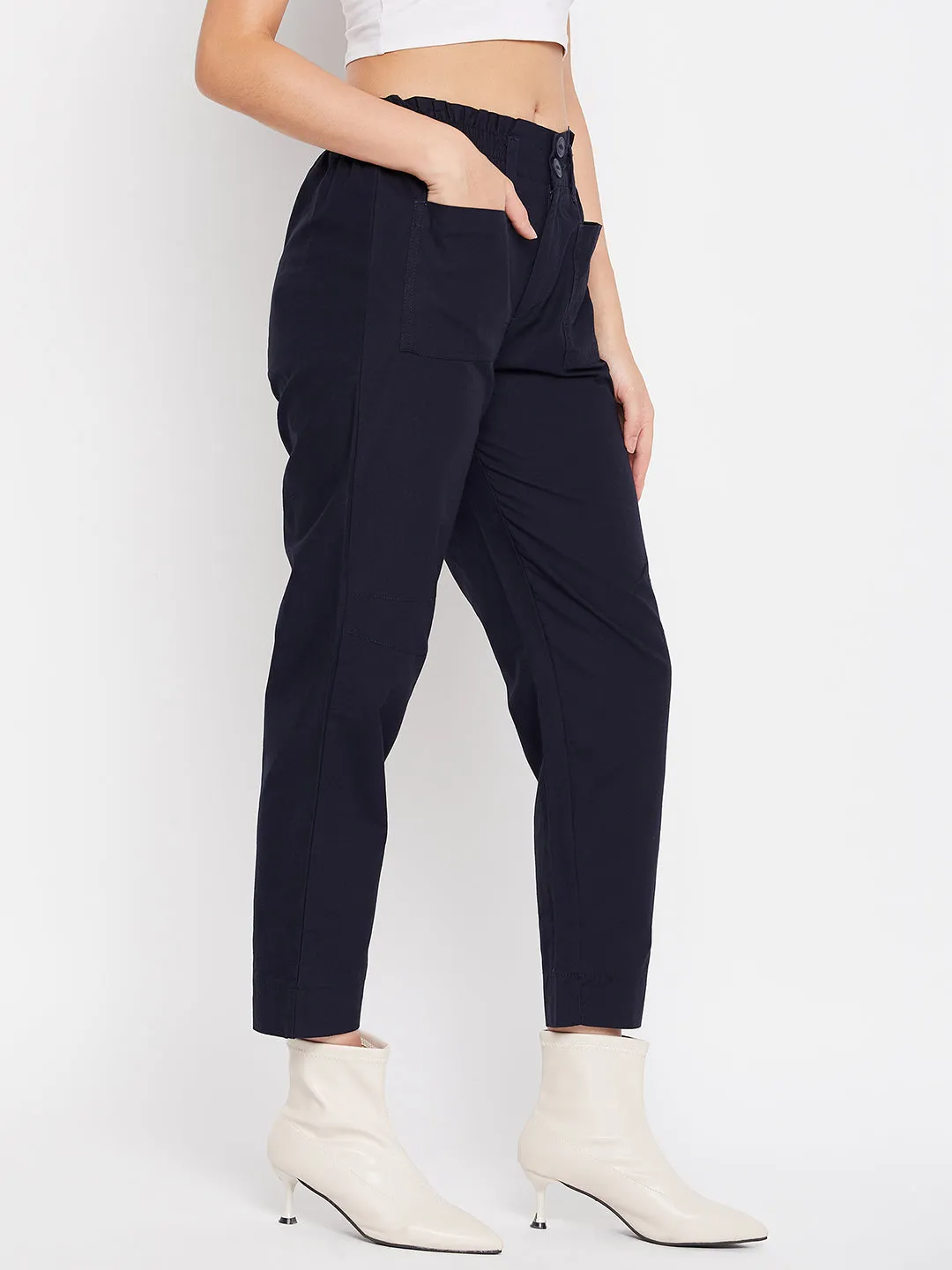 Madame Navy Cotton Ankle Length Trousers BreathableMaterial