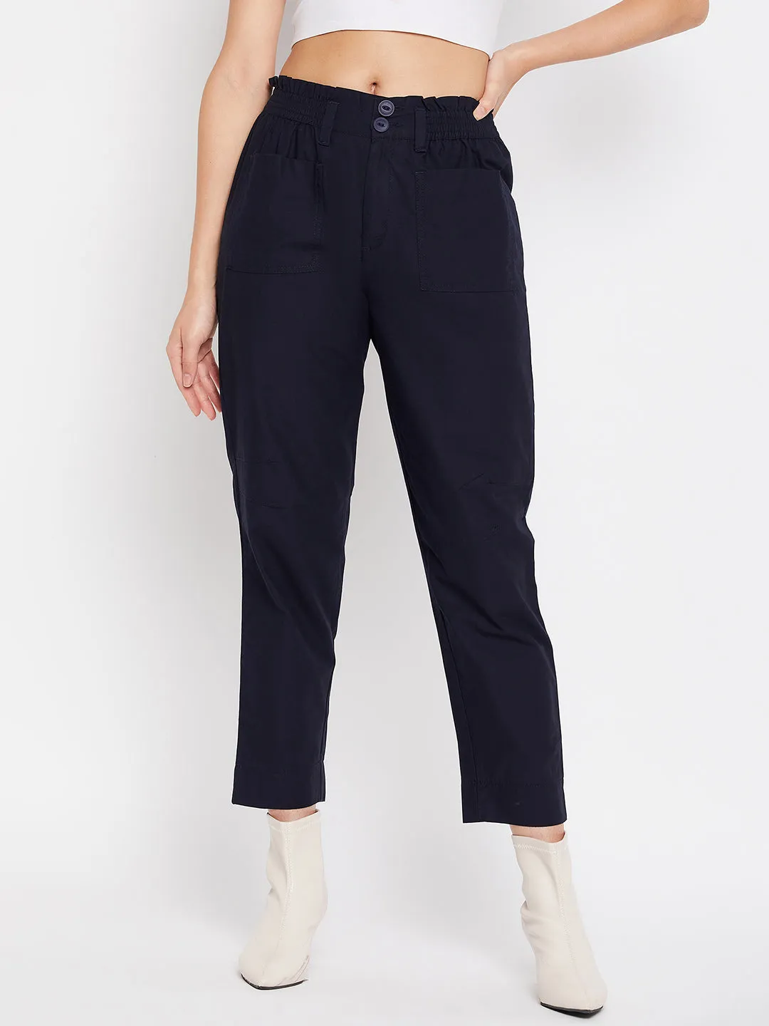 Madame Navy Cotton Ankle Length Trousers Soft Structure
