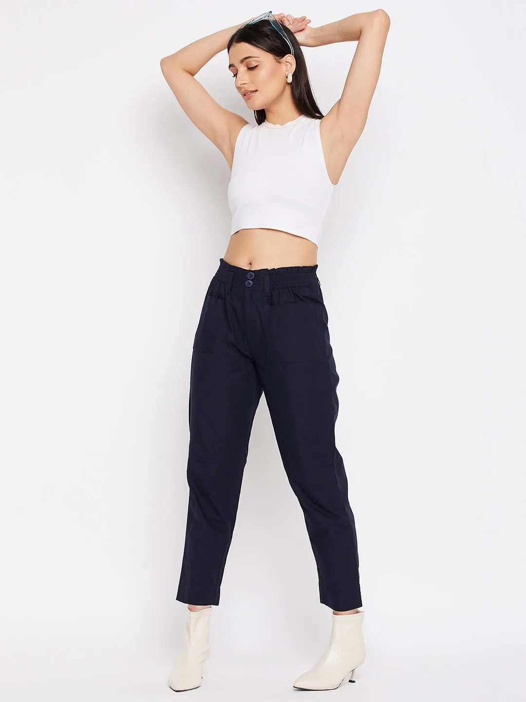Madame Navy Cotton Ankle Length Trousers Adjustable Belt Loops