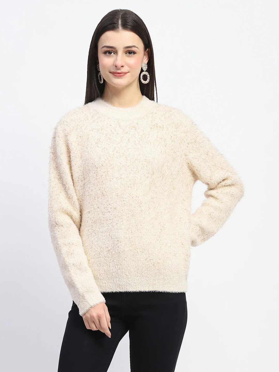 Madame Nylon Blend Full Sleeve Solid Beige Sweater Sustainable Production Certified Winter Ready Outfit