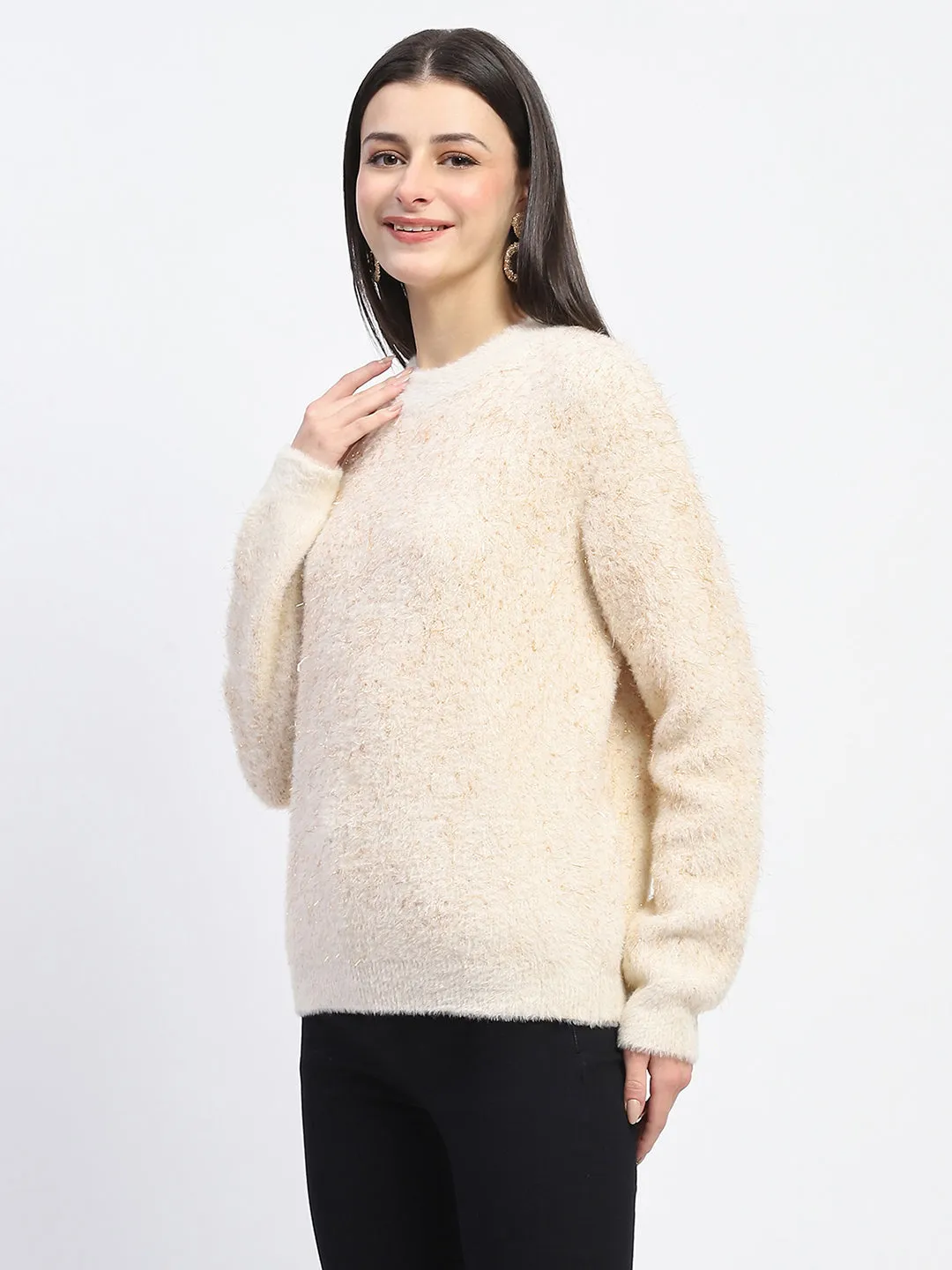 Classic Comfort Madame Nylon Blend Full Sleeve Solid Beige Sweater