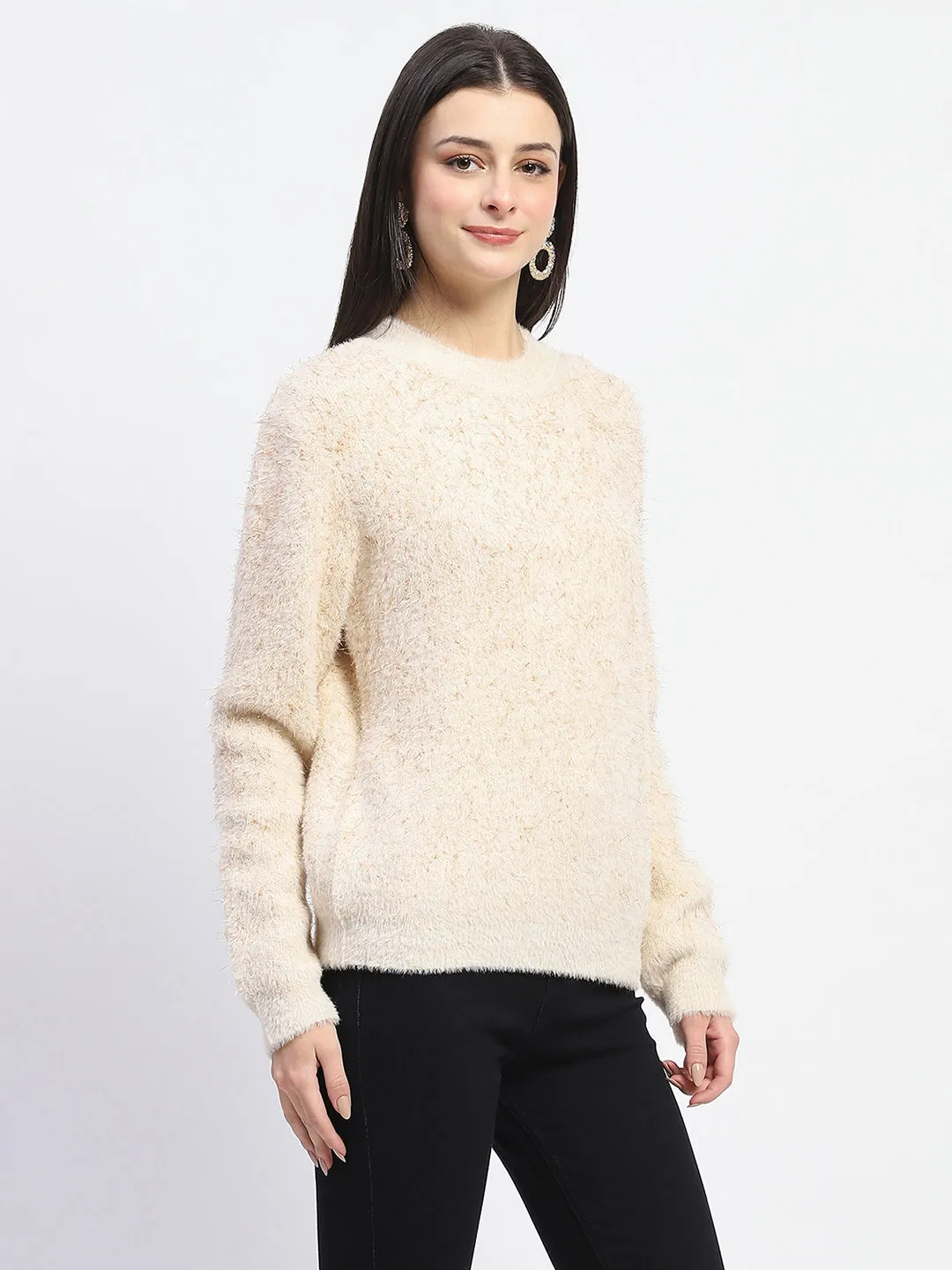 Madame Nylon Blend Full Sleeve Solid Beige Sweater Timeless Knitwear