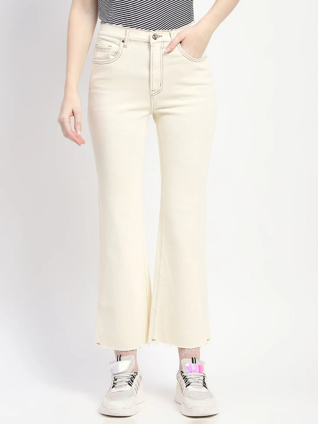 Neutral Tones Soft Texture Madame Off-White Distressed Hem Flared Denim