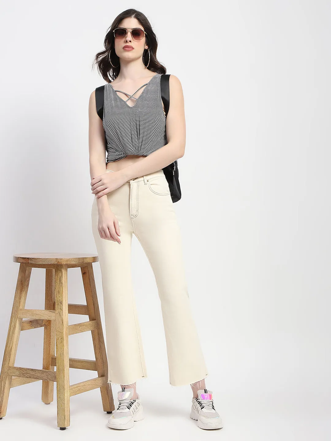 Madame Off-White Distressed Hem Flared Denim Fitted Comfort No Hassle Fit