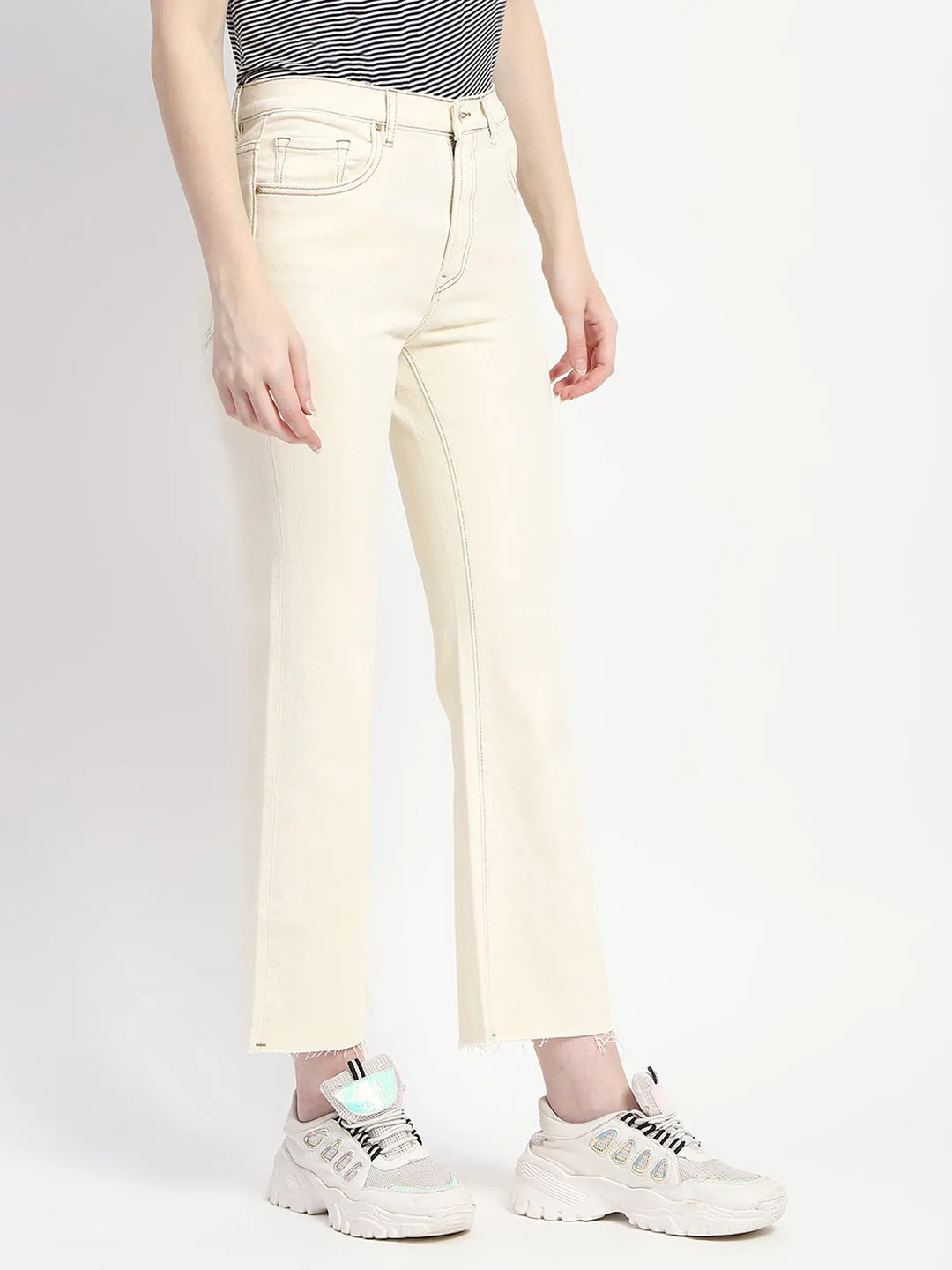 School Fit Flexible Waistband Construction Madame Off-White Distressed Hem Flared Denim