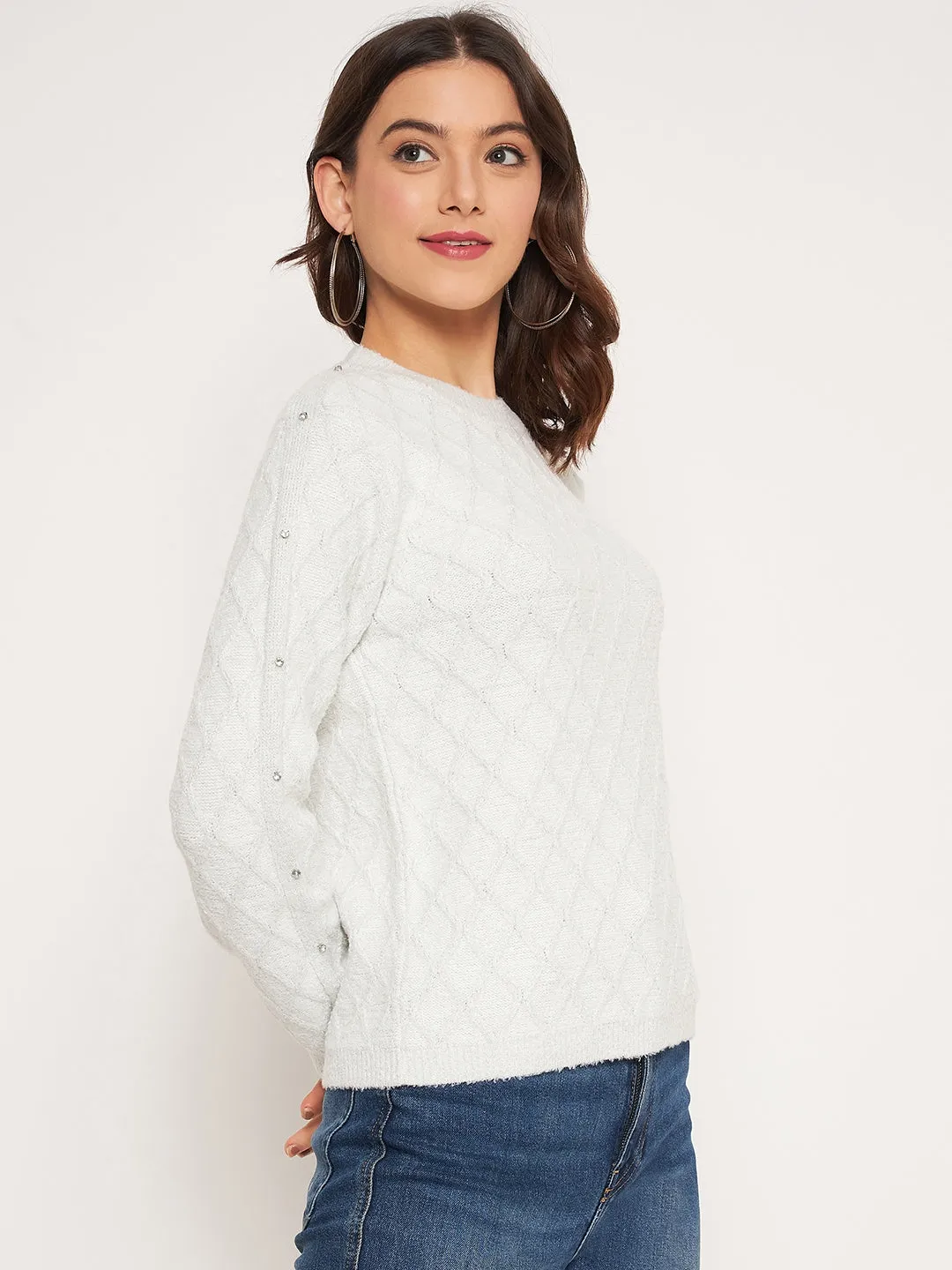 Flexible Ribbed Trim Madame Offwhite Solid Sweater