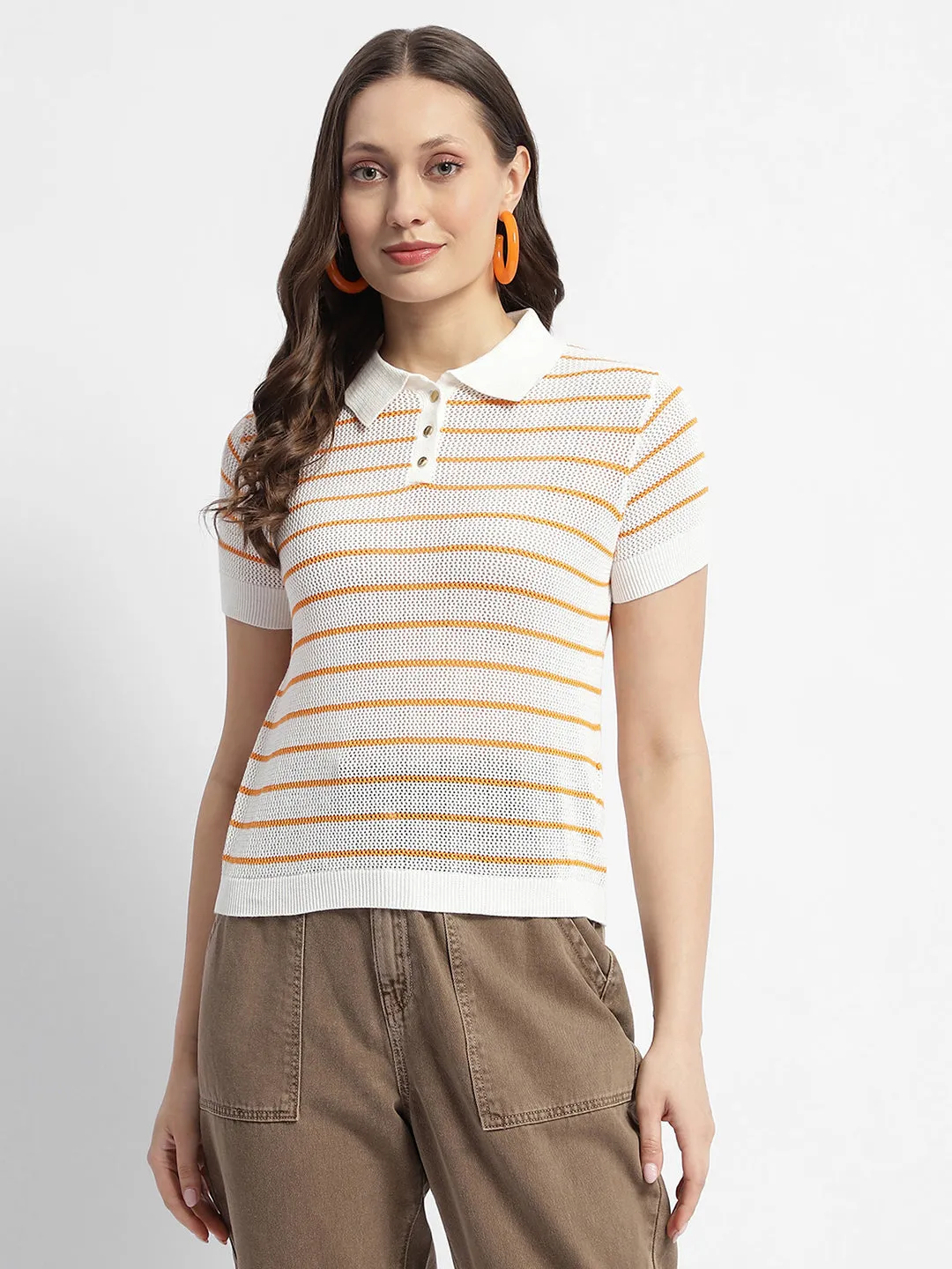 petite size Madame Orange Striped Polo Neck T-Shirt