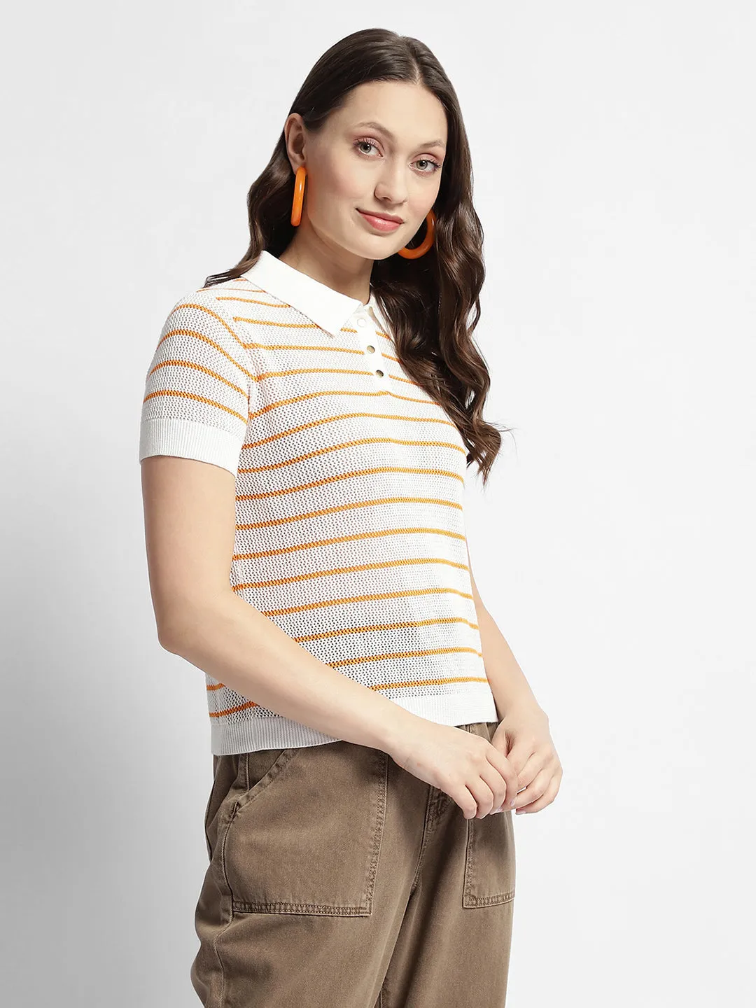 Relax Comfort Style Sporty Comfort Wear Madame Orange Striped Polo Neck T-Shirt