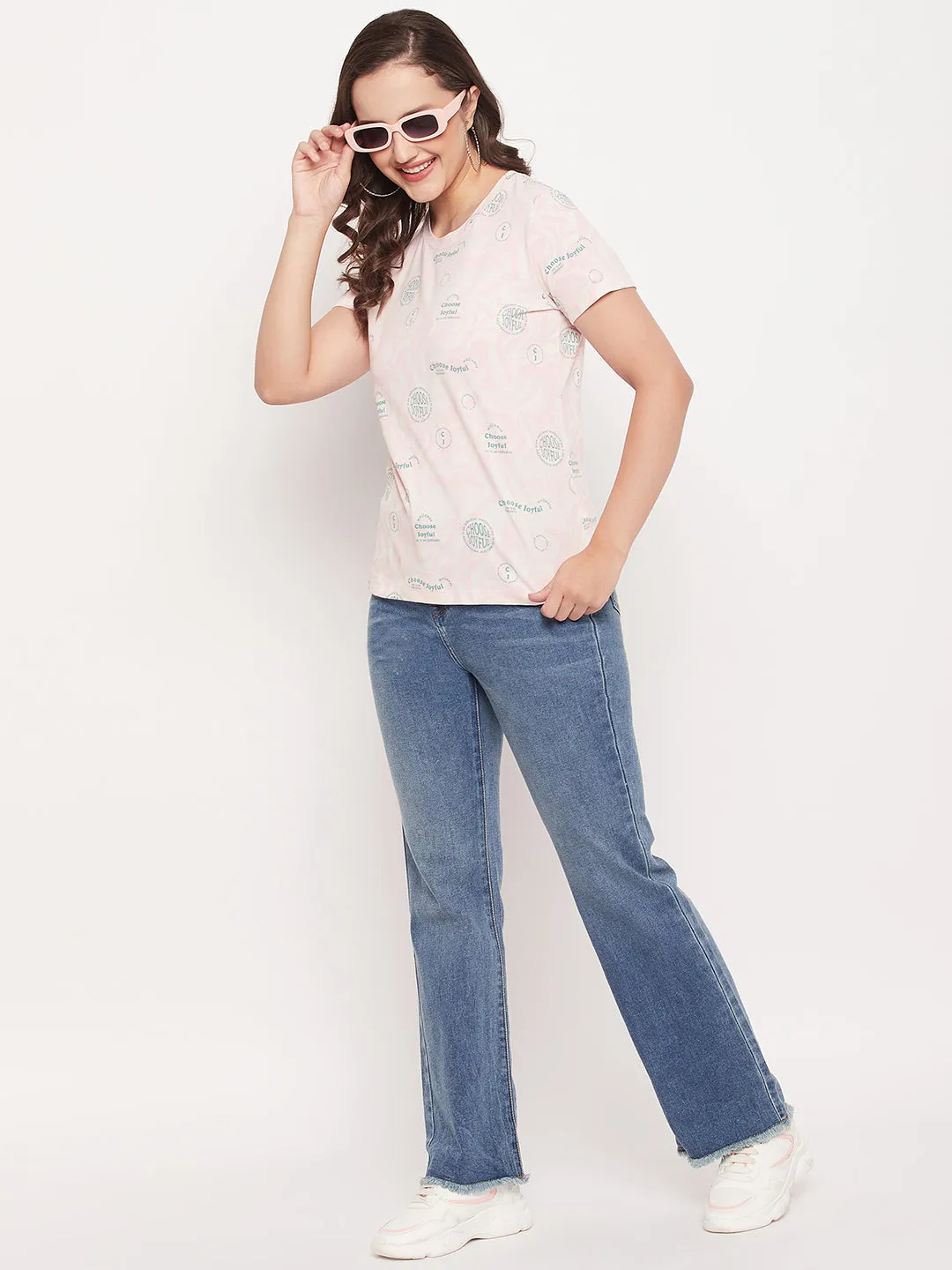 Elastic waist Flexible Ribbed Cuffs Madame Peach Round Neck Printed Cotton T-Shirt