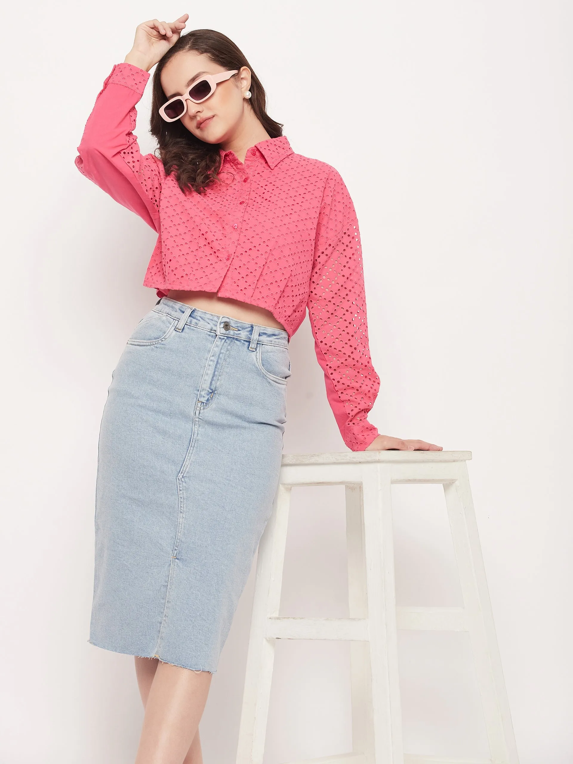 Timeless Piece Zip Front Madame Pink Schiffli Crop Shirt