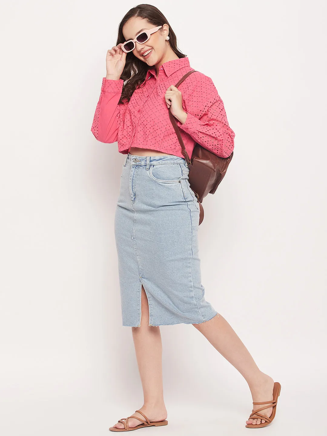 Wardrobe Must-Have Madame Pink Schiffli Crop Shirt