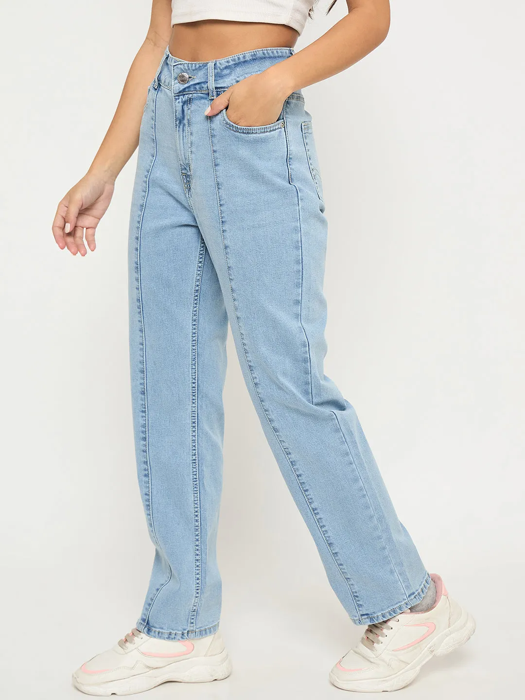 Madame Pintuck Detailed Bright Blue Cotton Blend Jeans Day To Day Secure Closure System