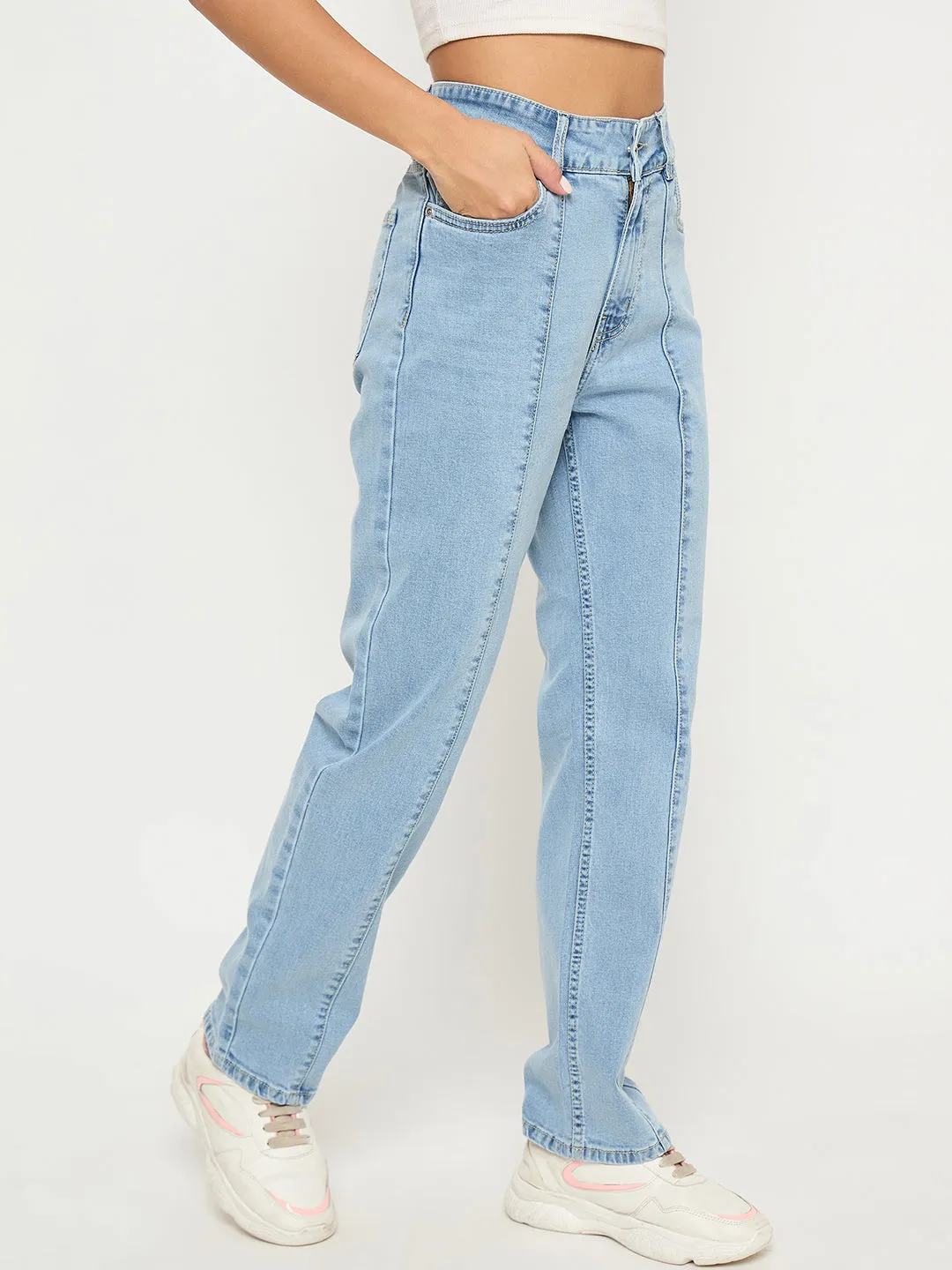 Madame Pintuck Detailed Bright Blue Cotton Blend Jeans Spring Mood Elegant City Walk