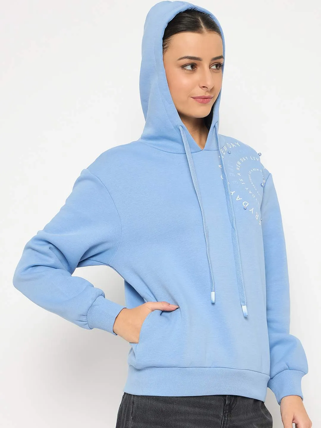 single layer Thin Madame Placement Printed Pearl Detailed Powder Blue Sweatshirt