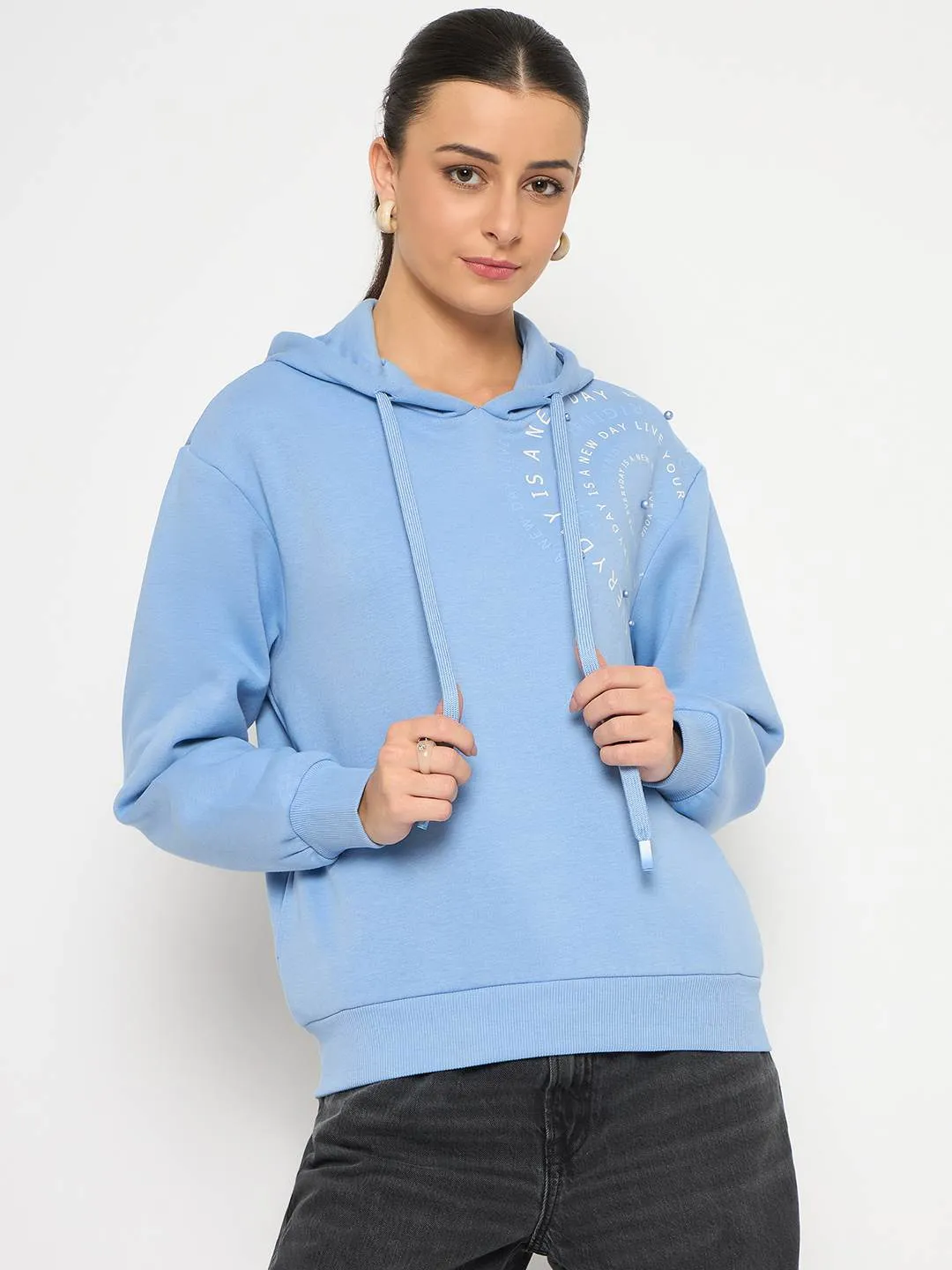 Urban Cool Cozy Warmth Madame Placement Printed Pearl Detailed Powder Blue Sweatshirt